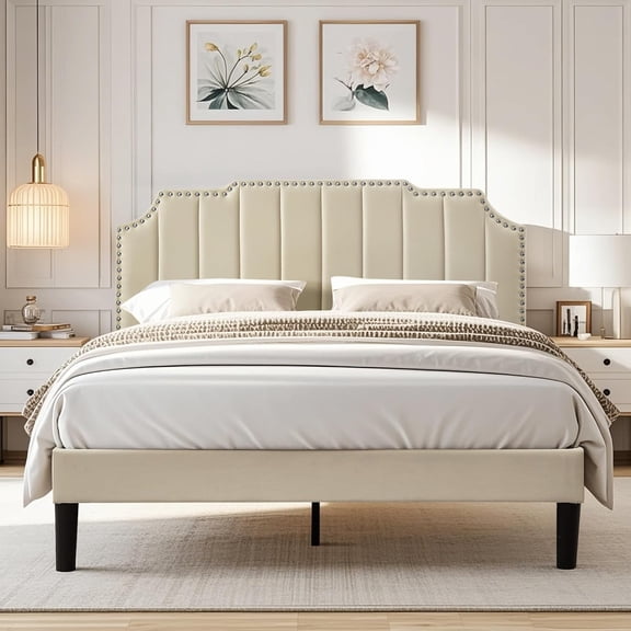 Taomika, Queen Size Upholstered Platform Bed Frame with Nailhead Trim Adjustable Height Headboard and Wood Slats-Beige