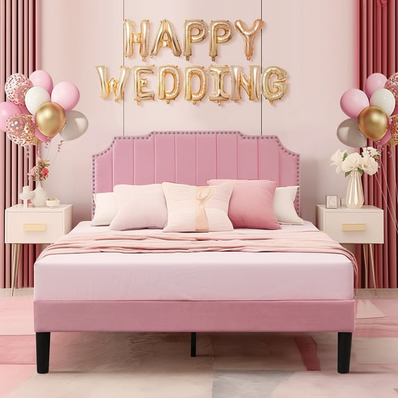 Taomika, Queen Size Upholstered Platform Bed Frame with Nailhead Trim Adjustable Height Headboard and Wood Slats-Pink