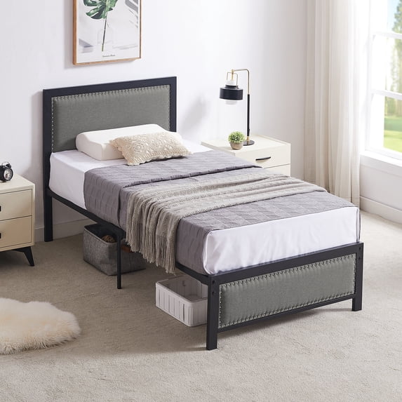 Taomika, Twin Size Platform Bed Frame with Headboard ,Grey Bed Frame