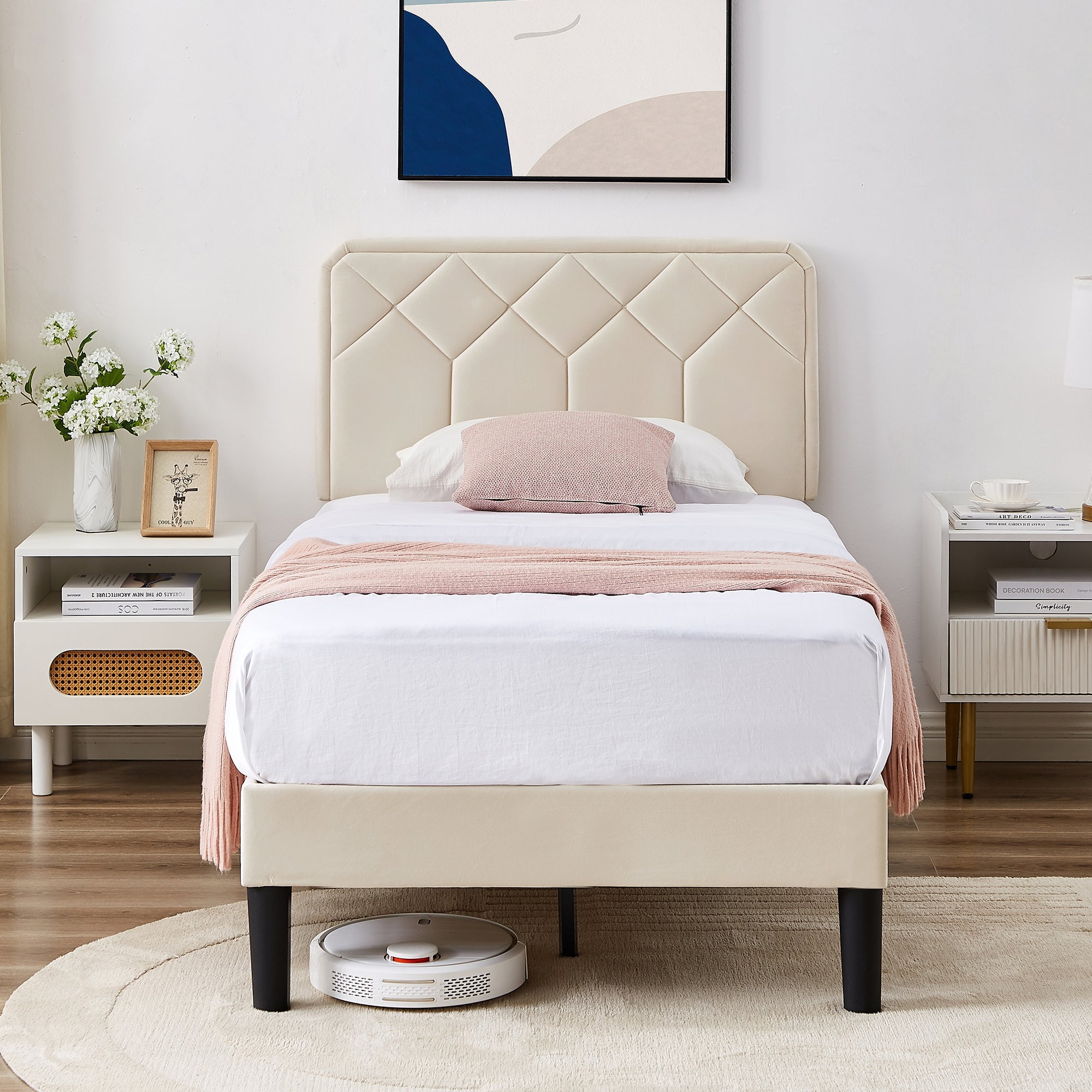 Taomika, Twin Size Tufted Nailhead Upholstered Platform Bed Frame with Adjustable Headboard-Beige