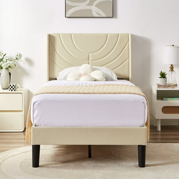 Taomika, Twin Size Upholstered Height-adjustable Platform Bed Frame with Wingback Headboard-Beige