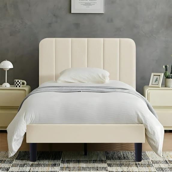 Taomika, Twin Size Upholstered Platform Bed Frame with Adjustable Headboard-Beige