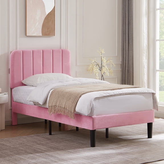 Taomika, Twin Size Upholstered Platform Bed Frame with Adjustable Headboard-Pink