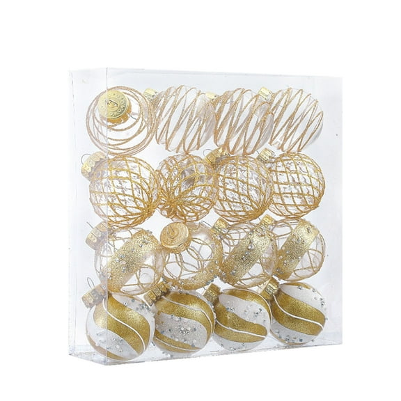 Beautynvta Christmas Tree Hanging Ornaments Set of 16, Clear Plastic Painting Style Ball Pendant Decoration for Xmas Tree, Hanging Decoration for Xmas Party and Home Decor, 2.4", Gold