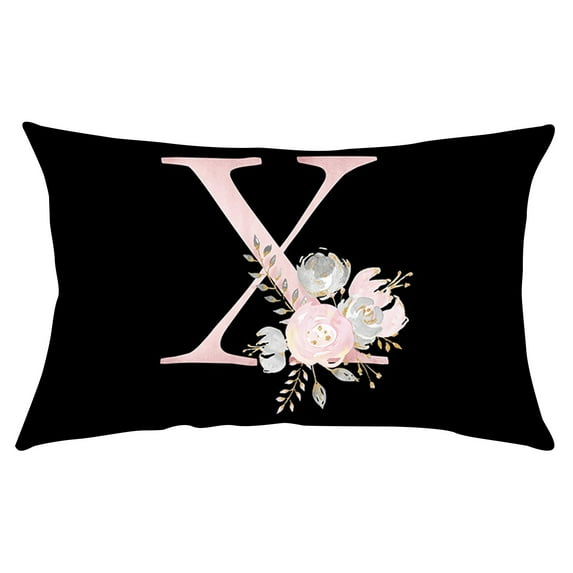 Beautynvta Throw Pillow Covers, Decorative and Soft Pillow Cases, Alphabet and Flowers with Pure Black Background Print Cushion Case for Living Room Home Office Decor, 11.8" x 19.7"