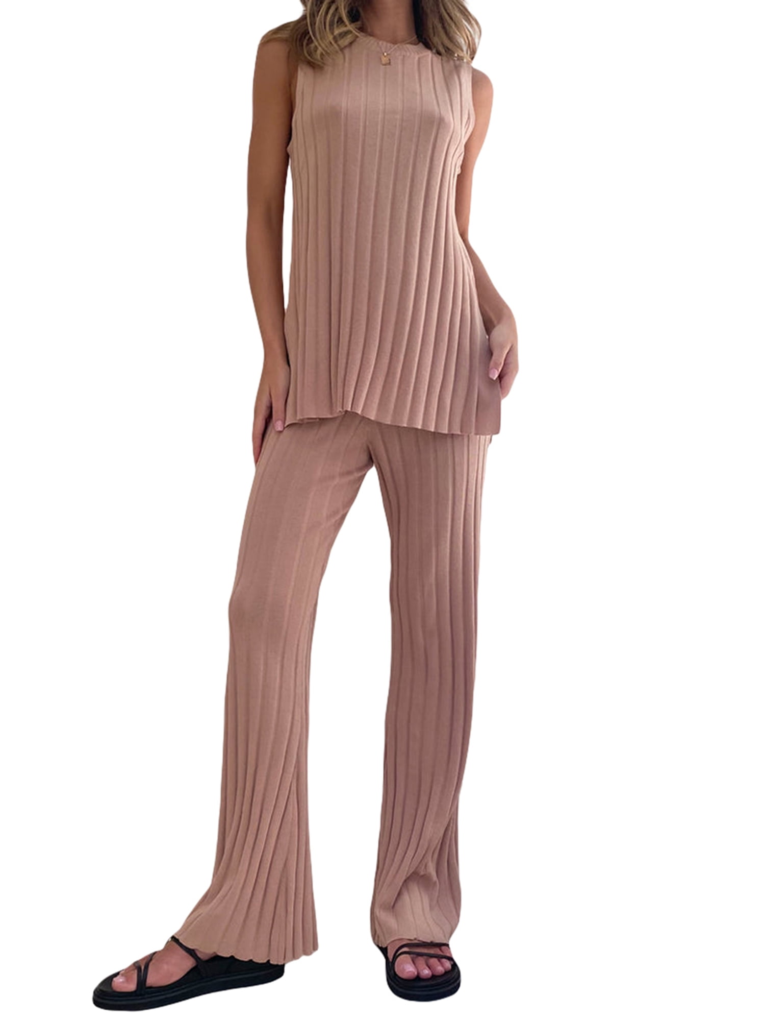 Womens Cotton Two Piece Set Tank Top And Striped Backless Pants Slim Fit Sleeveless For Women