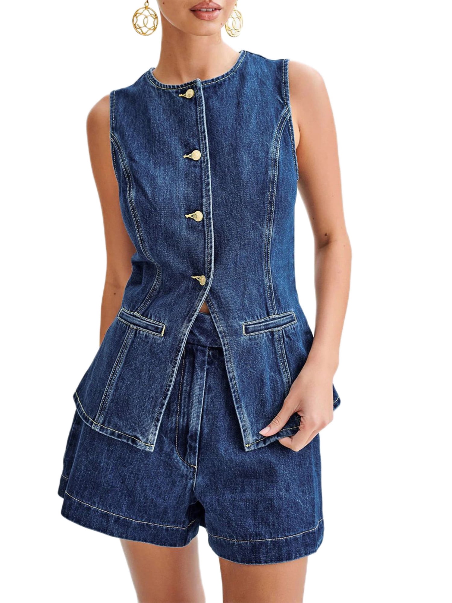 Taoocy Women's Denim Long Vest Tops Buttonup Sleeveless Pocket