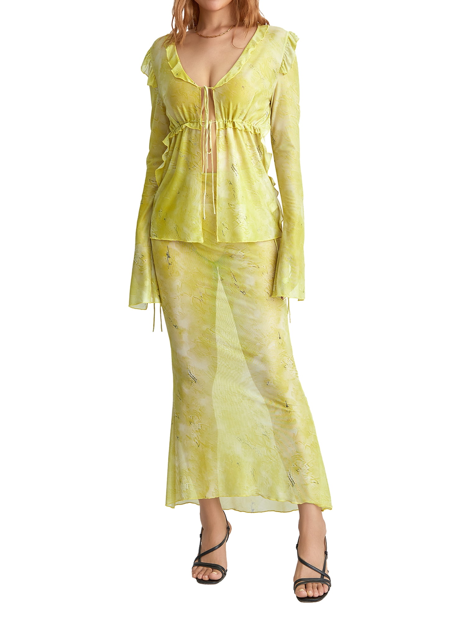 Sexy Two Piece Set Solid Long Sleeve Knotted Shirt Maxi Skirts Womens
