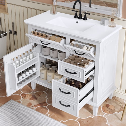 Taoruifang 36 Inch Bathroom Vanity with Ceramic Sink Top, Solid Wood Frame, MDF & Poplar Cabinet, Flip Drawers, Adjustable Shelf, and Zinc Alloy Handles, Freestanding Storage Cabinet