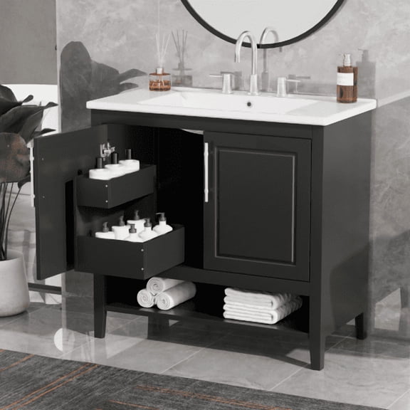 Taoruifang 36" Multi-functional Bathroom Vanity Cabinet with Sink, Black, MDF, Doors and Drawers