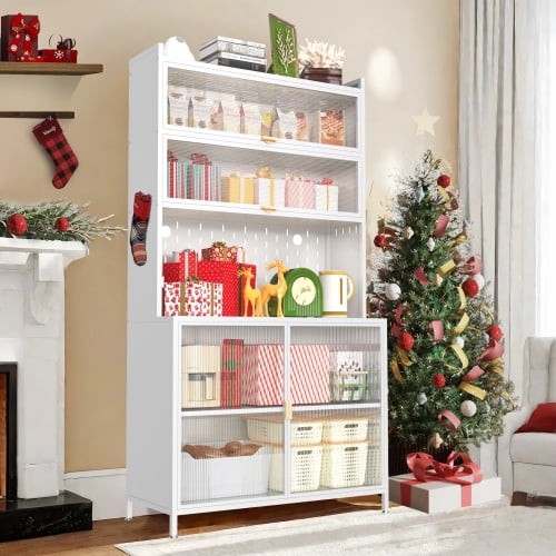 Taoruifang 73'' Tall Kitchen Pantry Cabinet white 6 Level Flip Door with Pegboard Metal Pantry Storage Cabinet, Anti-Tip Design Hutch for