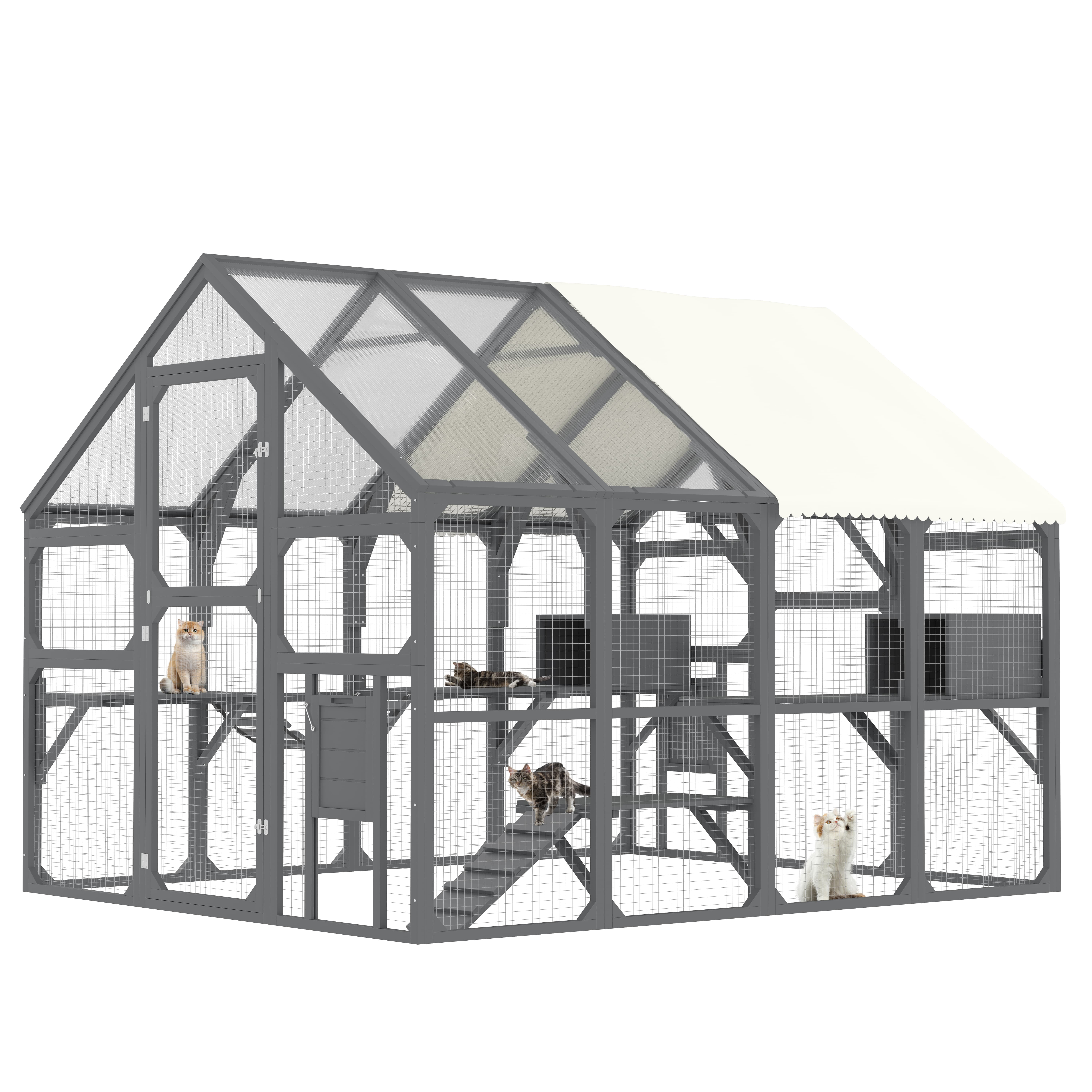 Taoruifang Large Catio Outdoor Cat Enclosure for Multiple Kittens, Wooden Cat House with 7 Platforms, 2 Resting Boxes, 1 Bridge and 1 Ramp, Walk in Kitty Cage Kennel with Sunshine Board Roof