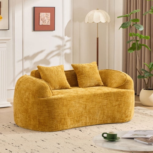 Taoruifang Yellow 2-Person Compressed Sofa, Curved Chenille Loveseat with 2 Pillows & Armrests, No Assembly Required, Soft Foam and Spring Couch for Small Spaces, Apartments, Living Room & Bedroom