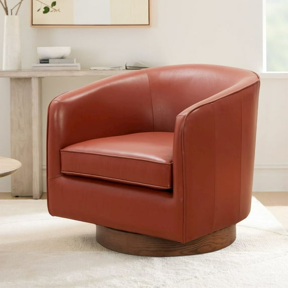 Taos Caramel 100 percent Top Grain Leather Wood Base Swivel Barrel Chair