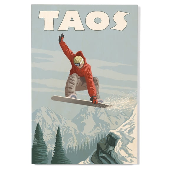 Taos, New Mexico, Snowboarder Jumping Birch Wood Wall Sign (12x18 Rustic Home Decor, Ready to Hang Art)