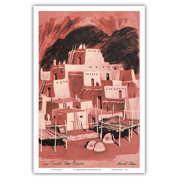 Taos Pueblo New Mexico - Adobe Dwellings - Vintage Travel Poster by David Klein c.1968 - Master Art Print (Unframed) 12in x 18in