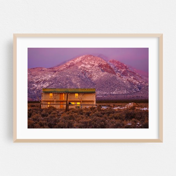 Taos Sunset - Taos New Mexico Photography Mountain Snow Landscape Rustic Winter Scenic Rural Oak Framed Wall Art Print 20 x 30 inches