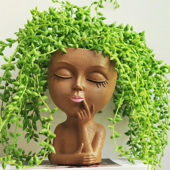 Taosunzt Face Planter Pot with Drainage Hole Resin 3D Women Head Figurine Flowerpot Indoor Outdoor Plants Container Home Balcony Garden Decoration White