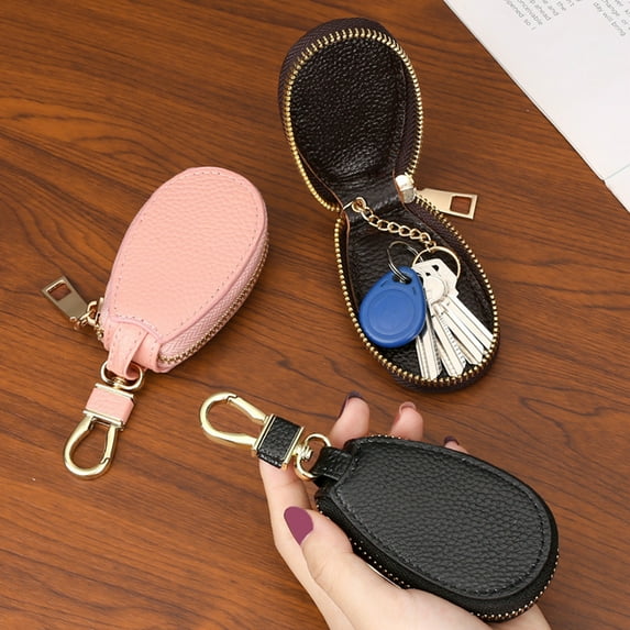 Taosunzt Faux Leather Car Key Case with Hanging Buckle Keyring Chain Portable Remote Key Fob Holder Zipper Bag Protector Pouch Wallet Rose Red