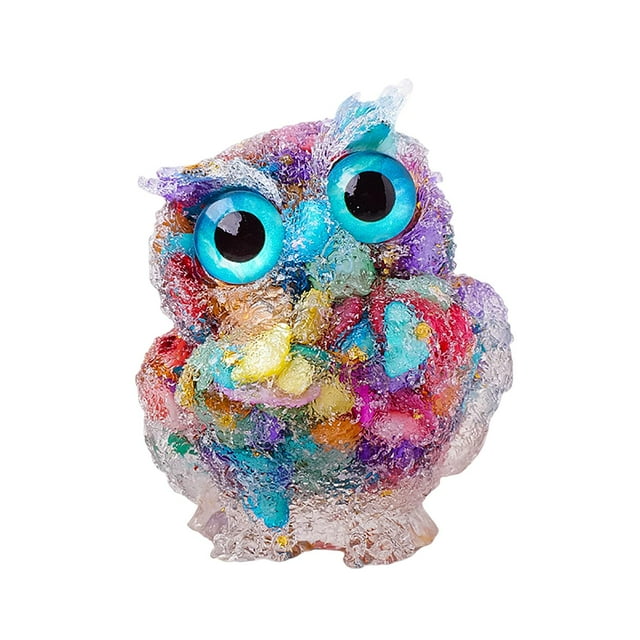 Taosunzt Natural Crystal Owl Figurine Handmade Resin Owl Statue Filled with Crystal Stones Tabletop Owl Ornament for Home Office Car Decor Reiki Healing Multicolor
