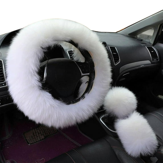 Windcarnival 3Pcs/Set Faux Wool Steering Wheel Gear Shift Rod Brake Fluffy Cover Car Decor