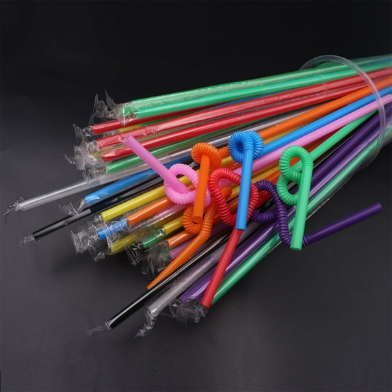 Taotanxi 100PCS Flexible Plastic Straws, Black Disposable Bendy Party Fancy Straws12.8inch Extra Long Straws Party Decorations