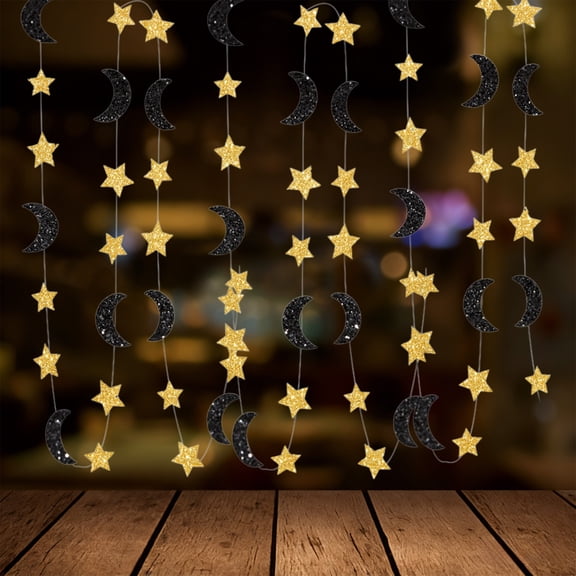 Taotanxi 118"Glitter Moon & Stars Garlands, Black Double-Side Crescent and Twinkle Stars Paper Hanging Decorations for Birthday Party Baby Shower Engagement Wedding for Nursery Kids Room Home Bedroom
