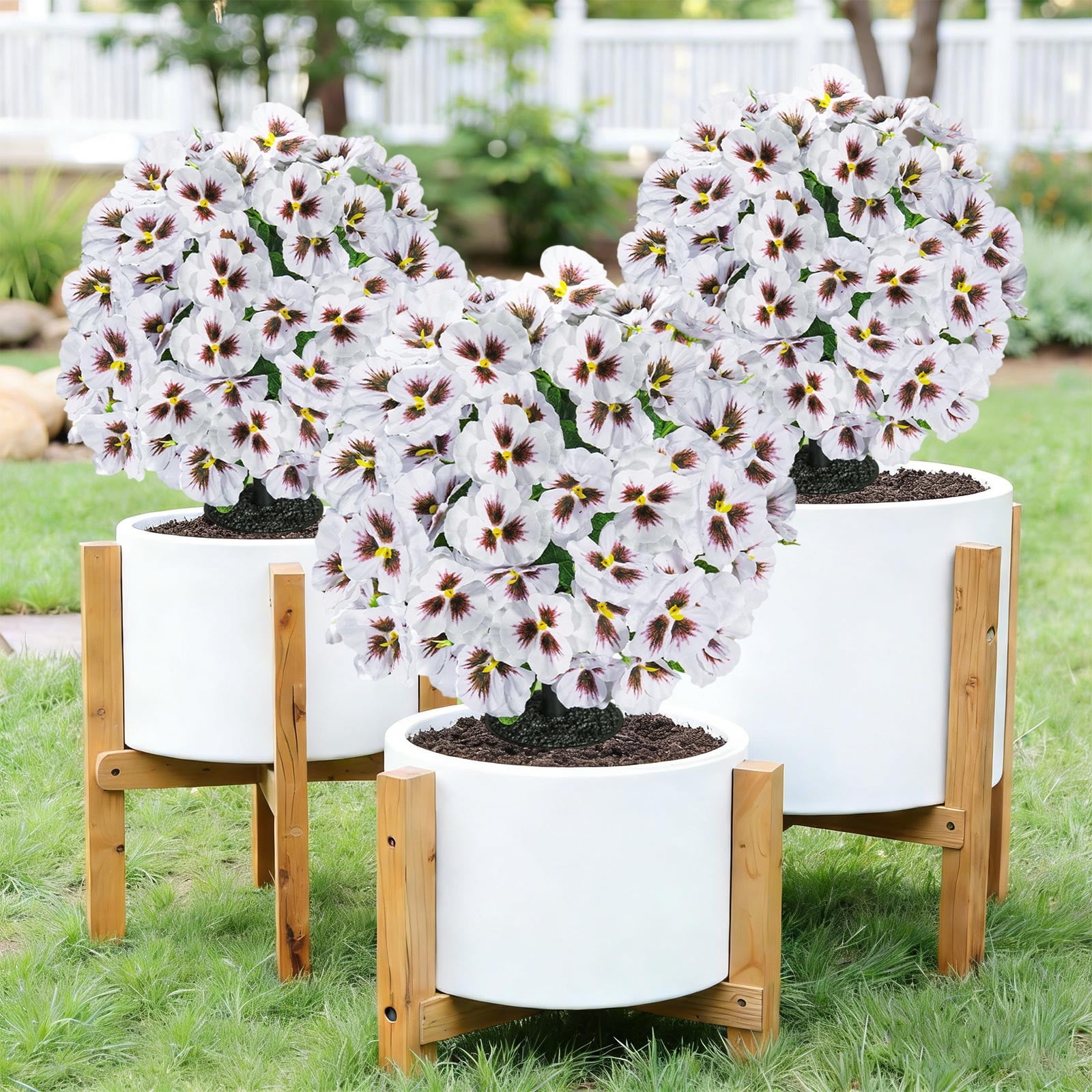 Taotanxi 15.7" Artificial Boxwood Topiary Ball with Flowers Plants with Ground Spikes for Outdoor UV Resistant Realistic Fake Bushes Plants for Garden Yard Front Porch Patio Decor (White)