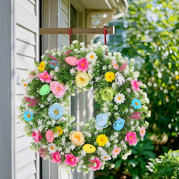 Taotanxi 18"Easter Wreath Decor, Spring Door Garland, Ornament with Artificial Flowers, Farmhouse Seasonal Accents, Pastel Circle for Outdoor Indoor Wall Door Porch Farmhouse Mantel