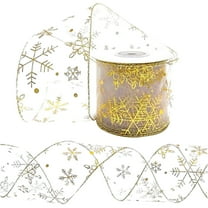 Taotanxi 2.5 Inch Wide Christmas Wired Ribbon Snowflake Organza Sheer Glitter Ribbon for Xmas Tree, Wreath, Party Decoration, Gift Wrapping (Golden, 10 Yards)