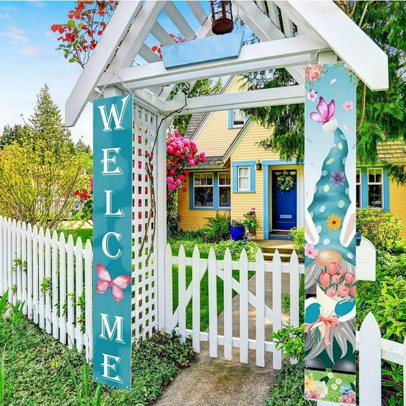 Taotanxi 2 Pieces Happy Easter And Hello Spring Porch Sign Easter Hanging Wall Banners Swedish Gnome Bunny Party Colorful Eggs Indoor Outdoor Welcome Porch Wall Decor Front Door Party Decorations