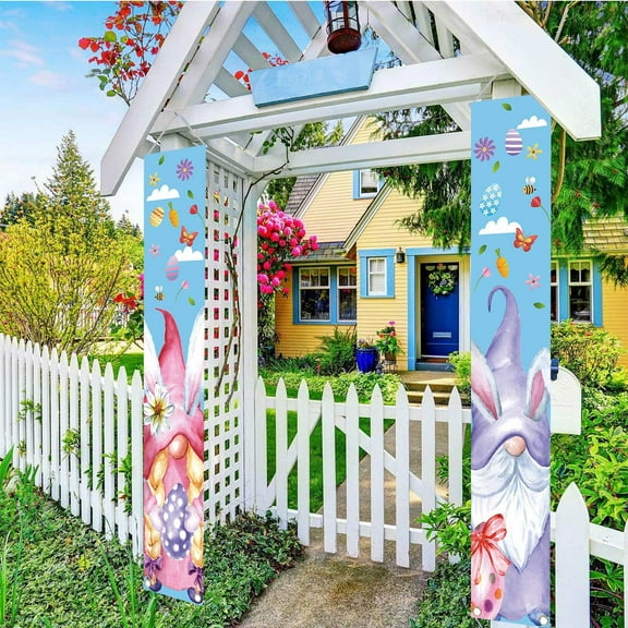 Taotanxi 2 Pieces Happy Easter And Hello Spring Porch Sign Easter Hanging Wall Banners Swedish Gnome Bunny Party Colorful Eggs Indoor Outdoor Welcome Porch Wall Decor Front Door Party Decorations