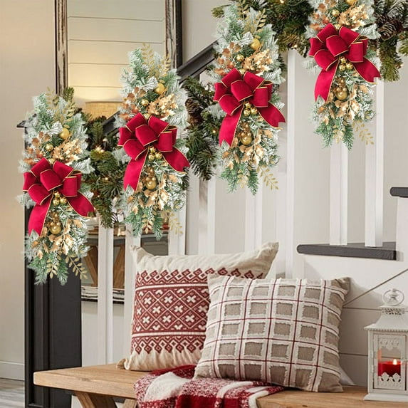 Taotanxi 20" Christmas Teardrop Swag for Front Door Artificial Winter Swag Garland with Pine Cones, Berry Clusters, Burgundy Ball Ornaments and Ribbons for Thanksgiving Holiday Christmas Decoration