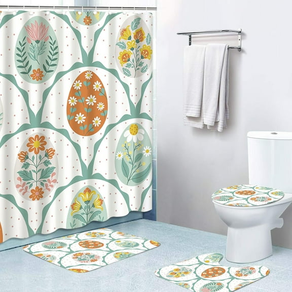 Taotanxi 4 Pcs Easter Bunny Shower Curtain Sets 71 X 71 Inches Non Slip Rugs Toilet Lid Cover Bath Mat And 12 Hooks Easter Bathroom Shower Curtain for Bathroom Spring Decorations Farmhouse Home Decor