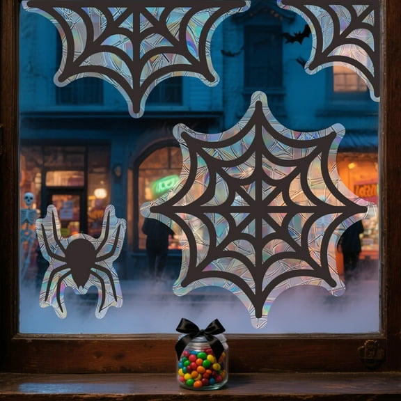 Taotanxi 4 Pieces Halloween Araneid Web Lasers Stickers, Self Adhesive Removable Halloween Web Electrostatic Color Film Glass Sticker for Window Decoration