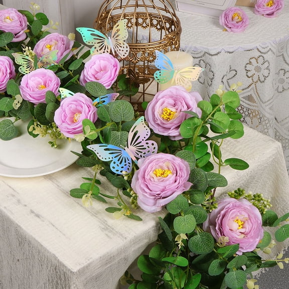 Taotanxi 5.91FT Artificial Eucalyptus Garland with Flowers, Fake Butterfly Gypsophila Garland, Faux Floral Greenery Garlands for Wedding Spring Party Art Table Runner Decor (Purple, 1)
