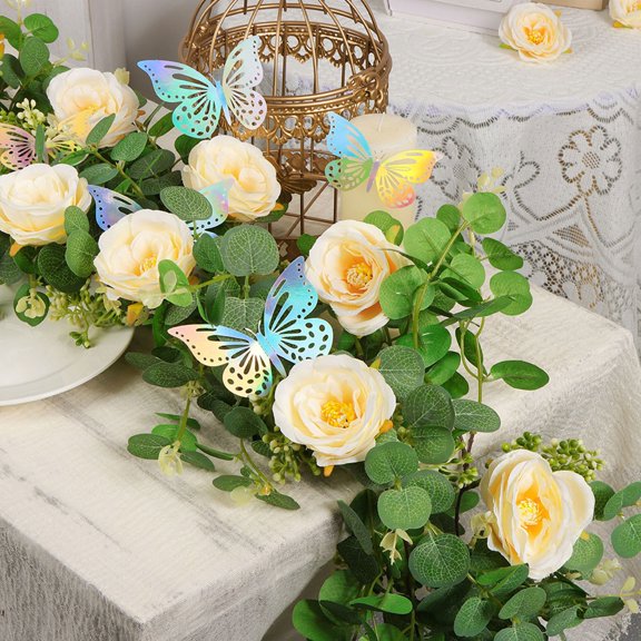 Taotanxi 5.91FT Artificial Eucalyptus Garland with Flowers, Fake Butterfly Gypsophila Garland, Faux Floral Greenery Garlands for Wedding Spring Party Art Table Runner Decor (Yellow, 1)
