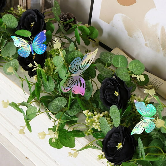 Taotanxi 5.91FT Artificial Eucalyptus Garland with Flowers, Fake Butterfly Gypsophila Garland, Faux Floral Greenery Garlands for Wedding Spring Party Art Table Runner Decor (Black, 1)