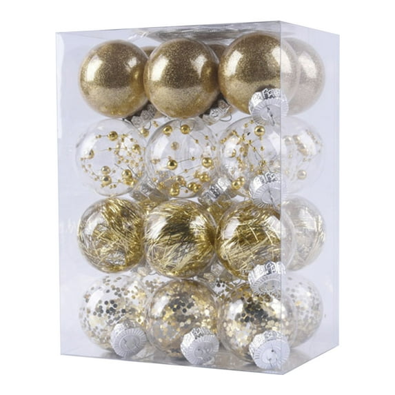 Taotanxi 50MM/1.96" Clear Christmas Ornaments Set, 24PCS Shatterproof Decorative Hanging Ball Ornament with Stuffed Delicate Decorations, Xmas Tree Balls for Halloween Holiday Party- Gold.