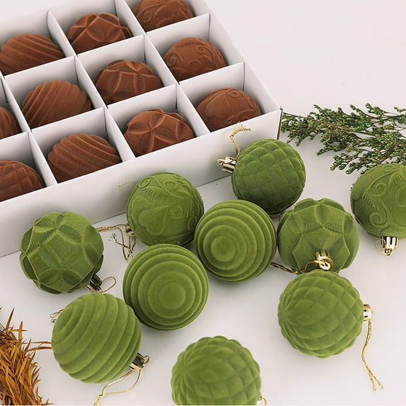 Taotanxi 60mm 2.4inch Velvet Christmas Ornaments for Xmas Tree, 12 pcs Army Green Flocked Christmas Balls Set Assortment for Holiday Decor