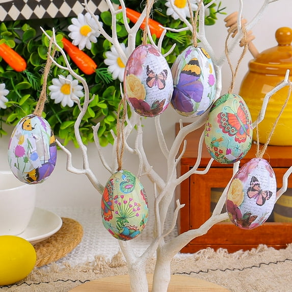 Taotanxi 6Pcs Vintage Style Paper Mache Foam Egg Hanging Ornaments Easter Decoration - With Basket