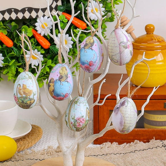 Taotanxi 6Pcs Vintage Style Paper Mache Foam Egg Hanging Ornaments Easter Decoration - With Basket