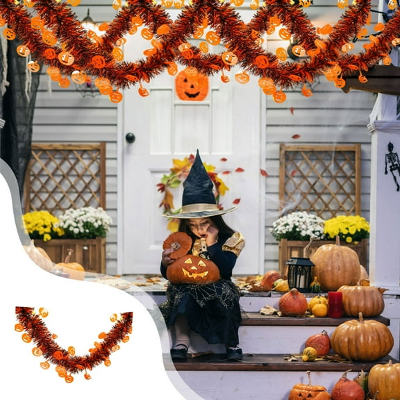 Taotanxi 76" Halloween Tinsel Garlands,Funny Orange Pumpkin Shiny Metallic Twist Foil Tinsel Garland Hanging Holiday Decorations for Home Indoor Outdoor Festivities Party Decor