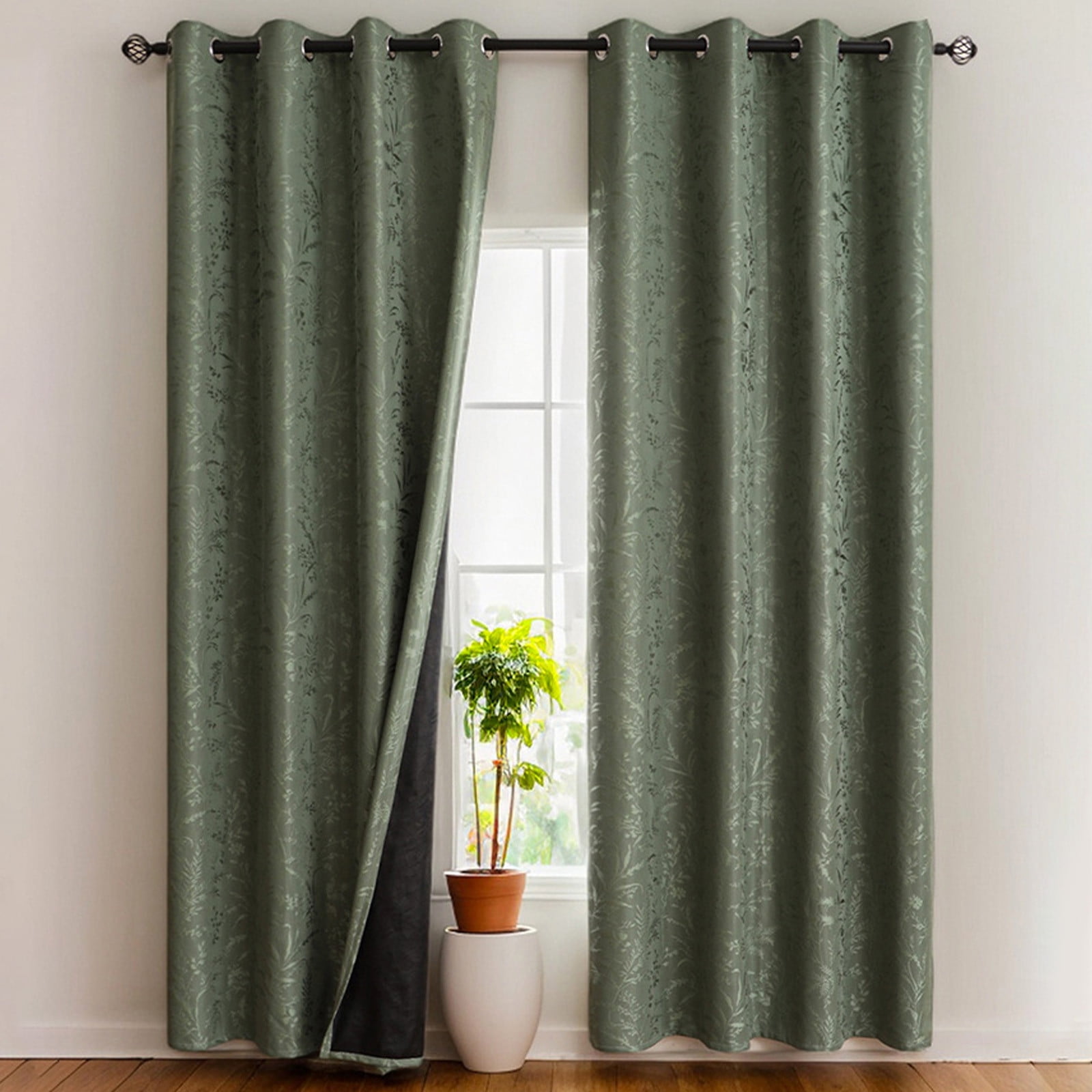 Taotanxi 95% Blackout Boho Curtains 63 Inches Long for Bedroom Green Scroll Floral Patterned Curtains, Darkening Thermal Insulated Window Drapes