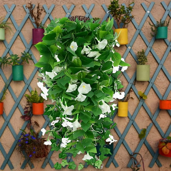 Taotanxi Artificial Hanging Flowers in Pot 27.6" Faux Silk Morning Glory Flower Vine with Cascading Greenery Fake Hanging Plants for Home Office Bathroom Table Shelf Decor(White/03)