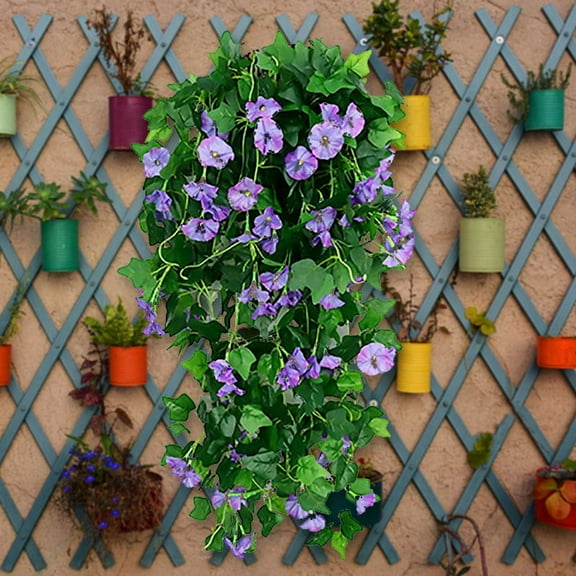 Taotanxi Artificial Hanging Flowers in Pot 27.6" Faux Silk Morning Glory Flower Vine with Cascading Greenery Fake Hanging Plants for Home Office Bathroom Table Shelf Decor(Purple/03)