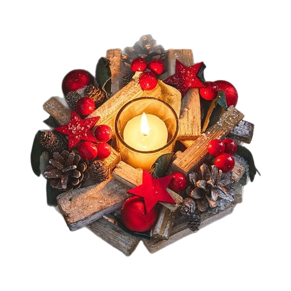 Taotanxi Battery Operated Christmas Candlestick With Red Berries Pinecones Rural Wooden Table Top Decor For Holiday Fireplace Dining Room