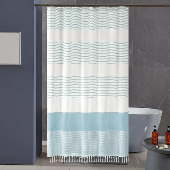 Taotanxi Blue And White Shower Curtain for Bathroom Stripe Tassel Shower Curtain 72 X 72 Inches Farmhouse Linen
