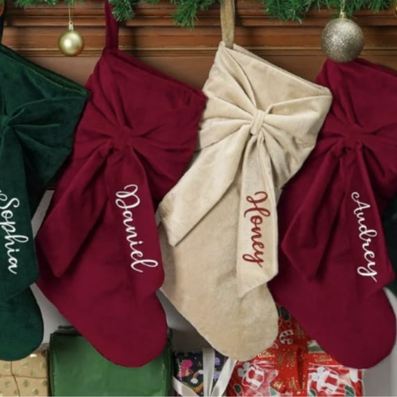 Bow Christmas Stockings, 18 inches Velvet Christmas Stocking Hanging Xmas Tree Decor for Fireplace Holiday Festival Party Ornament(Orange)