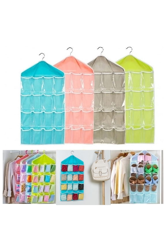 Bra and Underwear Hanging Storage Organizer Mesh Pockets Dual Sided Wall Shelves Space Saver Bag Sock Underpants Drawer Closet Clothes Rack (Blue:(16 Pockets))